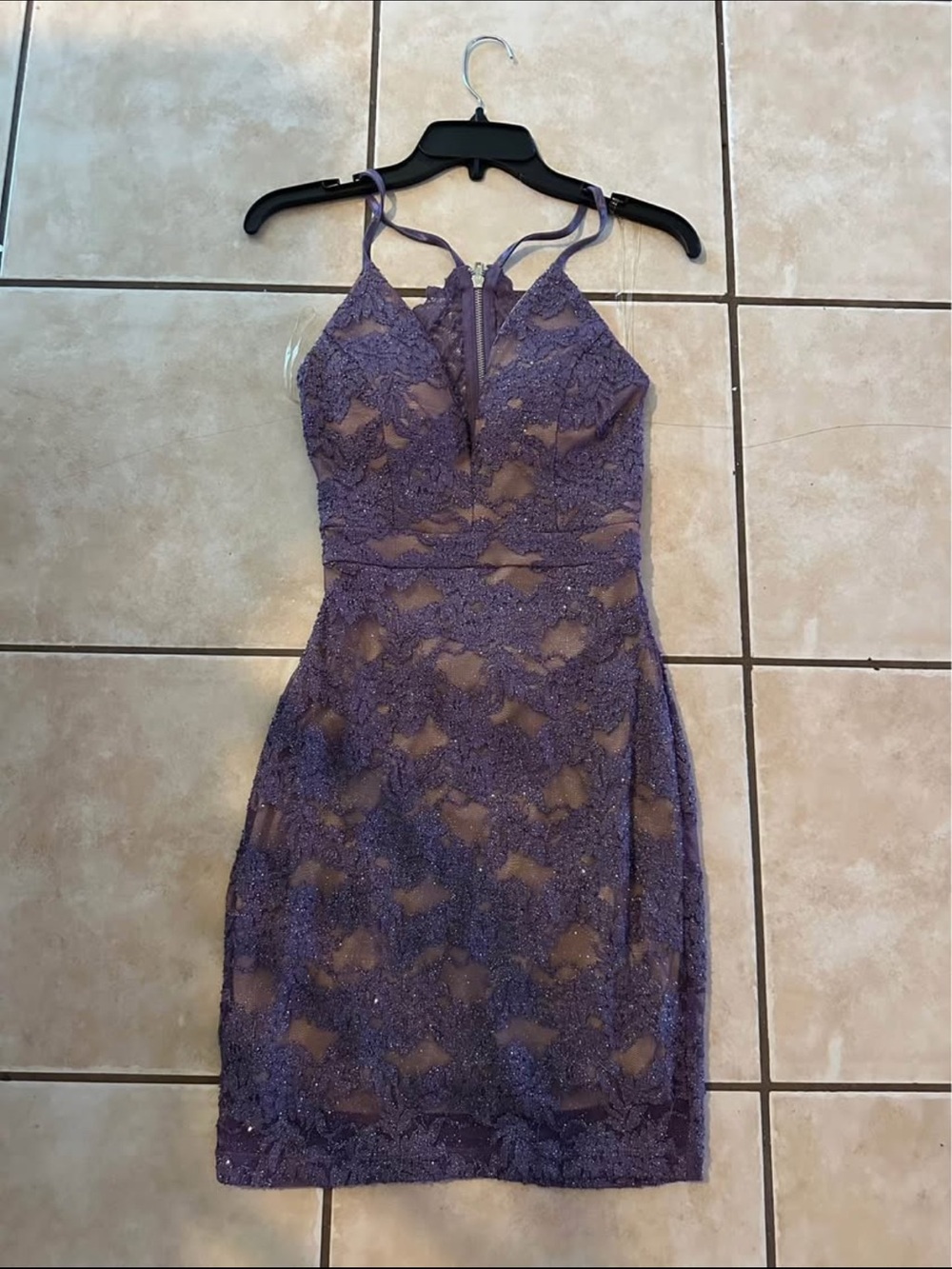 Honey and Rosie Lavender Lace Mini Dress with Sheer Insets